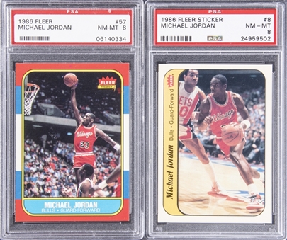 1986-87 Fleer Basketball PSA-Graded Michael Jordan Rookie Cards Pair (2 Different) – Including 1986-87 Fleer #57 Rookie Card and Fleer Sticker #8 Rookie Card Examples, Both Graded PSA NM-MT 8!